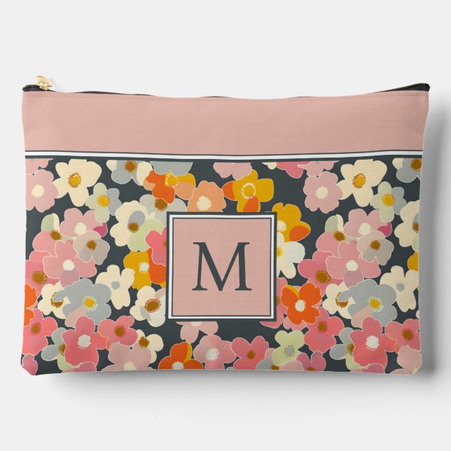 Retro Modern Floral Pink Monogramm Initial Zubehörtasche (Vorderseite)