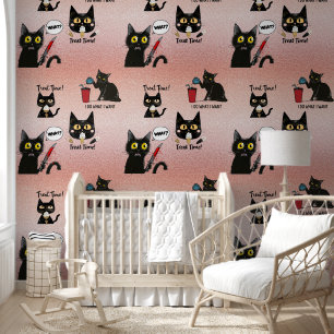 Retro Modern Funny Whimsical Black Cat - Pinkisch Tapete