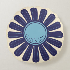 Retro Modern Geometric Daisy Blume Blau und Creme Rundes Kissen