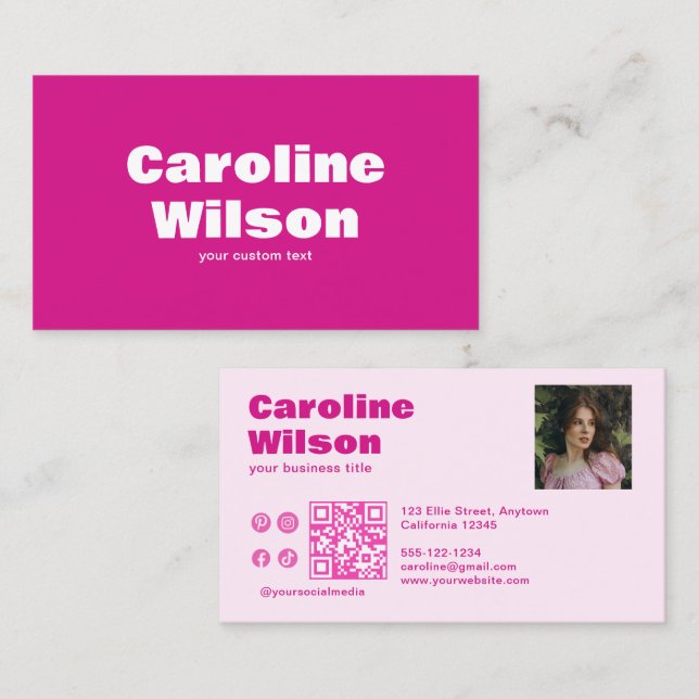 Retro Modern Hot Pink Berufliches Foto QR Code Visitenkarte (Vorne/Hinten)