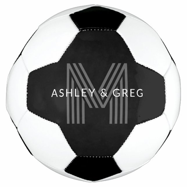Retro Modern Name/s Editable Monogramm Schwarz & G Fußball (Vorderseite)