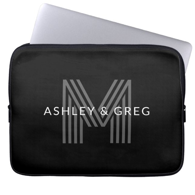 Retro Modern Name/s Editable Monogramm Schwarz & G Laptopschutzhülle (Vorderseite)