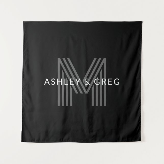 Retro Modern Name/s Editable Monogramm Schwarz & G Wandteppich (Vorderseite)