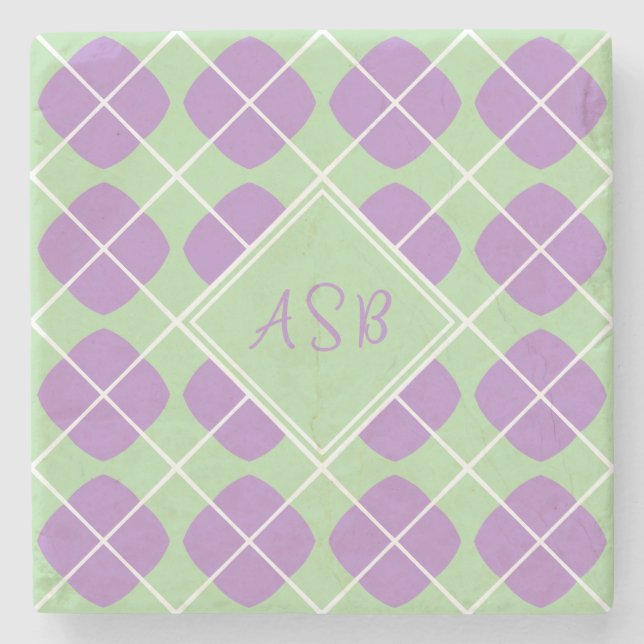 Retro Modern Purple Green Argyle Monogram Steinuntersetzer (Vorderseite)