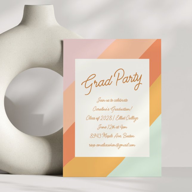 Retro Modern Script Pastel Stripe Graduation Party Einladung (Von Creator hochgeladen)