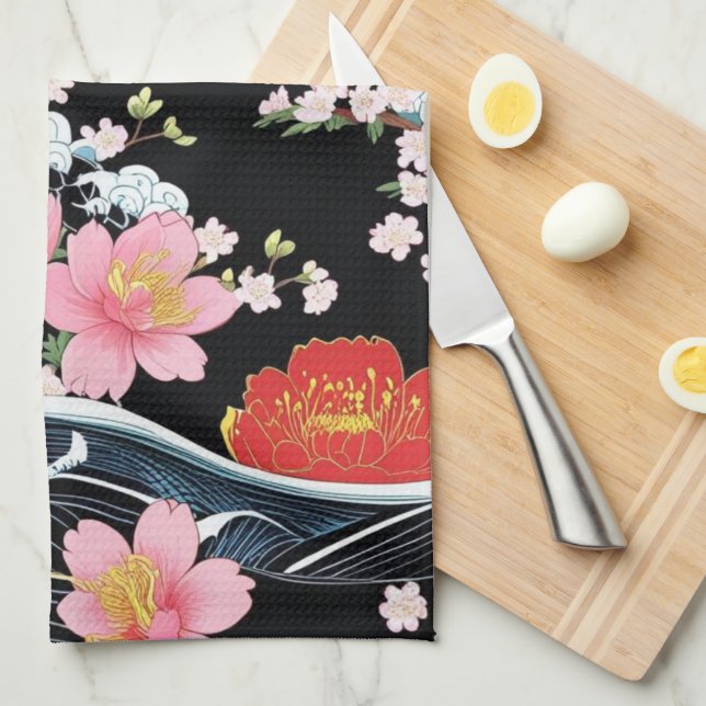 Retro Modern Seigaiha Sakura Flowers Japan party Geschirrtuch (Viertel Falte)