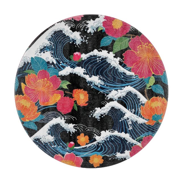 Retro Modern Seigaiha Sakura Flowers Japan party Schneidebrett (Vorderseite)
