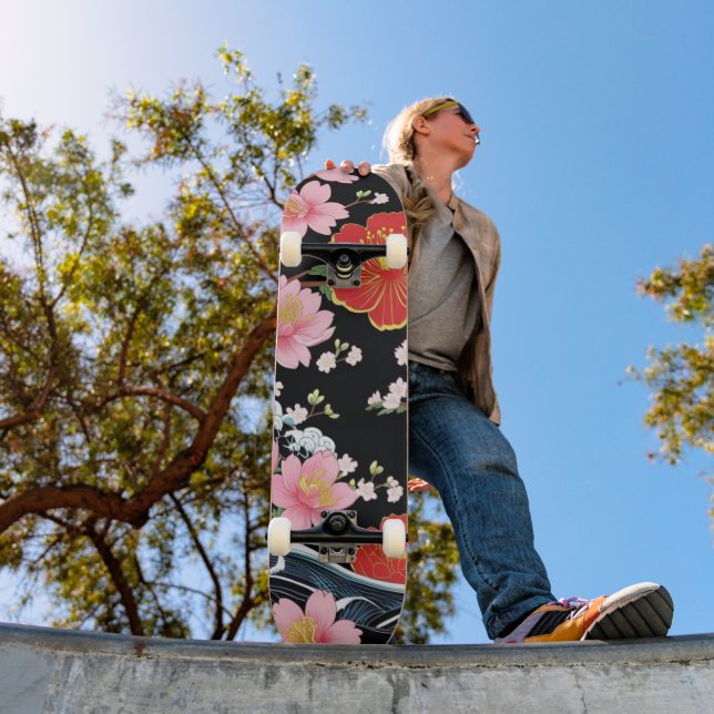 Retro Modern Seigaiha Sakura Flowers Japan party Skateboard (Außen 1)