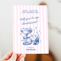 Retro Modern Vintage Blue Bridesmaid Proposal Card