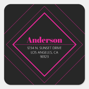 Retro-Moderne Art Deco   Rosa und schwarze Adresse Quadratischer Aufkleber