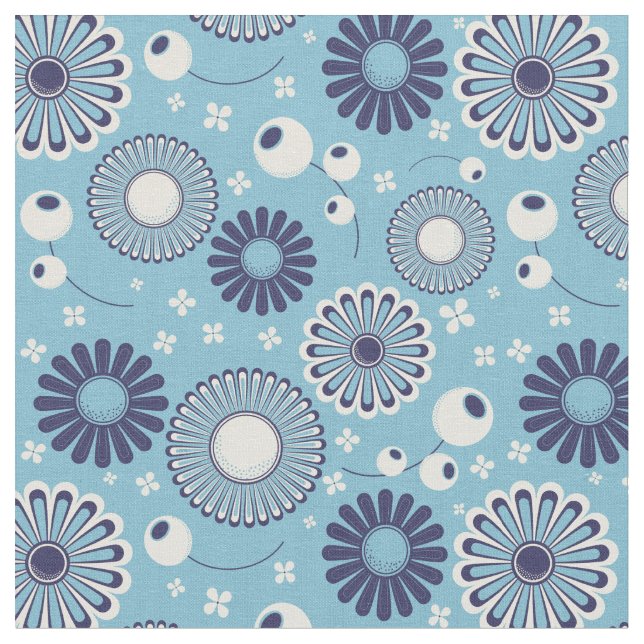 Retro Moderne Blume in Blau und Creme Gemustert Stoff (Nahaufnahme)