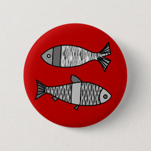 Retro moderne Fische, tiefrot und Grau/Grau Button