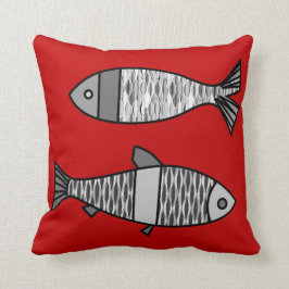 Retro moderne Fische, tiefrot und Grau/Grau Kissen