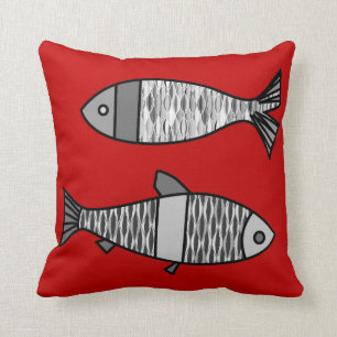 Retro moderne Fische, tiefrot und Grau/Grau Kissen