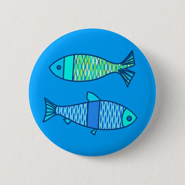 Retro moderne Fische, Türkis und Cerulean Blau Button (Vorderseite)