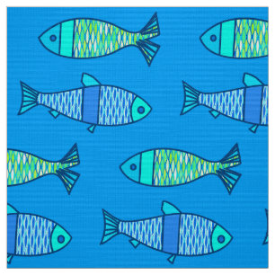 Retro moderne Fische, Türkis und Cerulean Blau Stoff