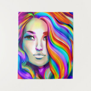 Retro Moderne Frau mit Regenbogenhaar Wandteppich