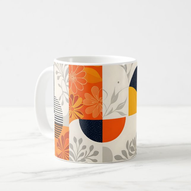 Retro Moderne Geometrie mit Blumenelementen Kaffeetasse (Vorderseite Links)