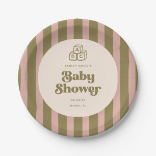 Retro-moderne gestreifte Baby-Party in Rosa und Gr Pappteller