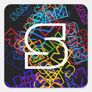 Retro-Moderne Name & Monogram, helle Farben & Schw Quadratischer Aufkleber