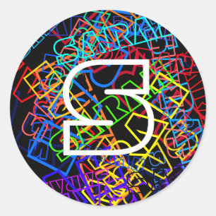 Retro-Moderne Name & Monogram, helle Farben & Schw Runder Aufkleber