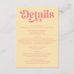 Retro Moderne rosa und gelbe Hochzeitsdetails Begleitkarte