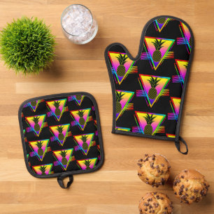 Retro moderne Silhouette Ananas Sommerfrucht Ofenhandschuh & Topflappen-Set