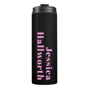 Retro-moderner bearbeitbarer Text Schwarz & Pink Thermosbecher