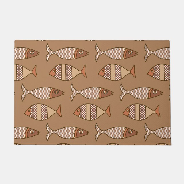 Retro Moderner Fisch, Tan, Beige und Braun Türmche Fußmatte (Vorderseite)