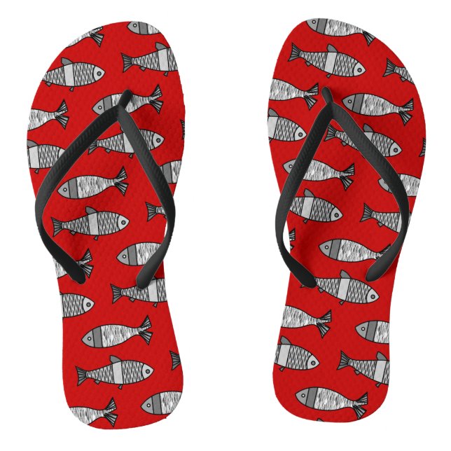 Retro Moderner Fisch, tiefrot und grau / grau Flip Flops (Fußbett)