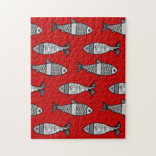 Retro Moderner Fisch, tiefrot und grau / grau Puzzle (Vertikal)