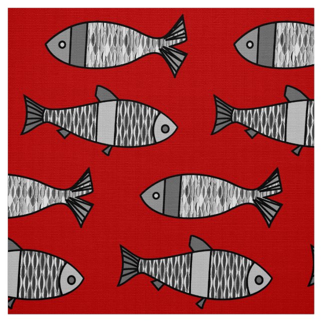 Retro Moderner Fisch, tiefrot und grau / grau Stoff (Muster)
