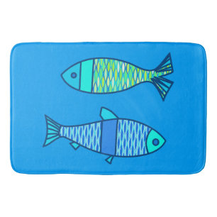 Retro Moderner Fisch, Türkis und Cerulean Blue Badematte