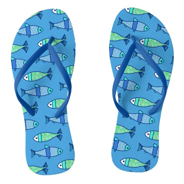 Retro Moderner Fisch, Türkis und Cerulean Blue Flip Flops (Fußbett)
