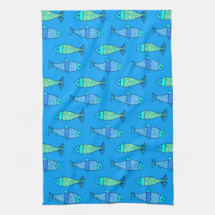 Retro Moderner Fisch, Türkis und Cerulean Blue Handtuch