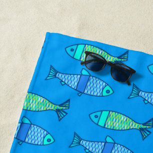 Retro Moderner Fisch, Türkis und Cerulean Blue Strandtuch