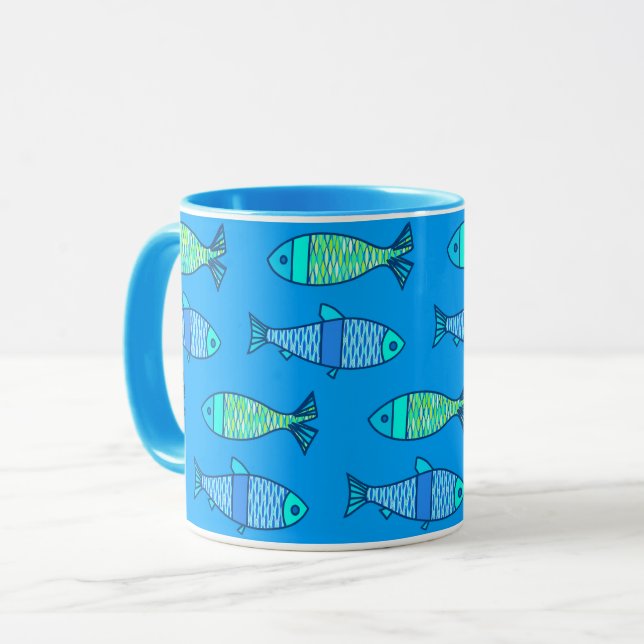 Retro Moderner Fisch, Türkis und Cerulean Blue Tasse (Vorderseite Links)