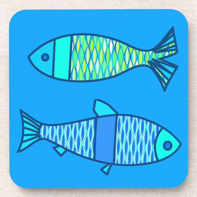Retro Moderner Fisch, Türkis und Cerulean Blue Untersetzer (Vorderseite)