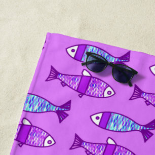 Retro Moderner Fisch, Violett und Amethyst Lila Strandtuch