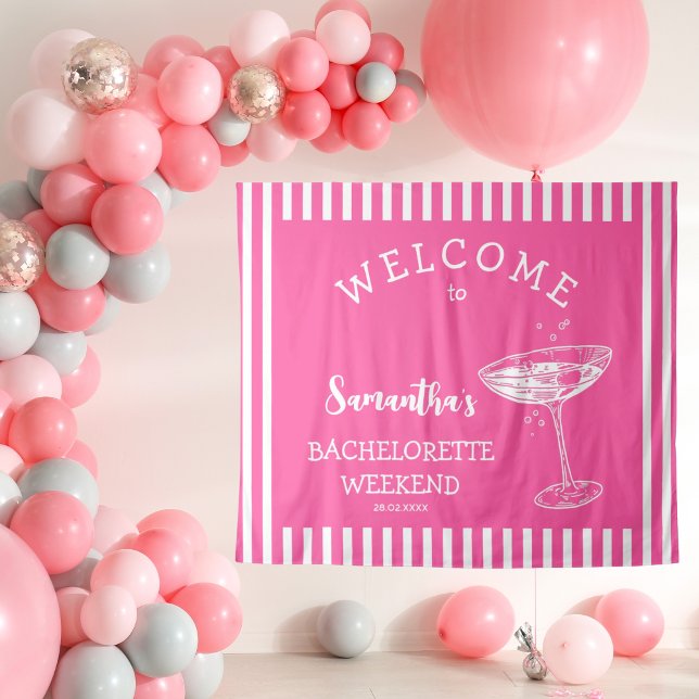 Retro Moderner, rosafarbener Junggeselinnen-Abschi Wandteppich (Bright Coastal Modern Bachelorette Party Backdrop Tapestry in hot pink and white stripes )