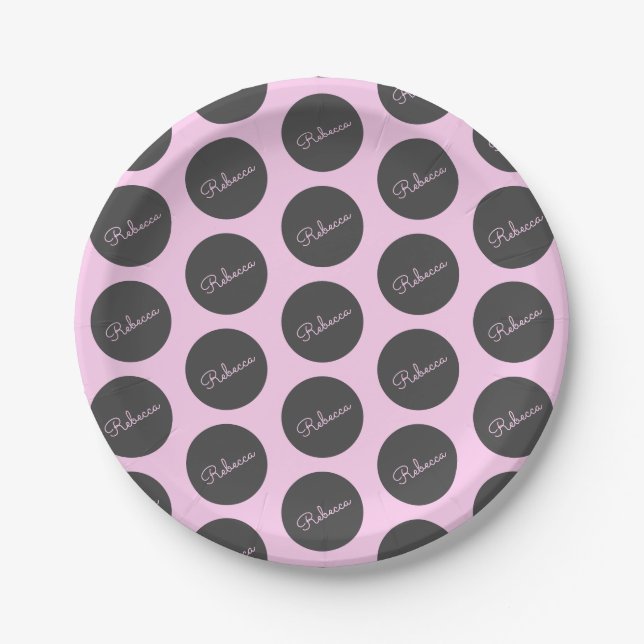 Retro-modernes Pink & Gray Modernes Polka Dot Desi Pappteller (Vorderseite)