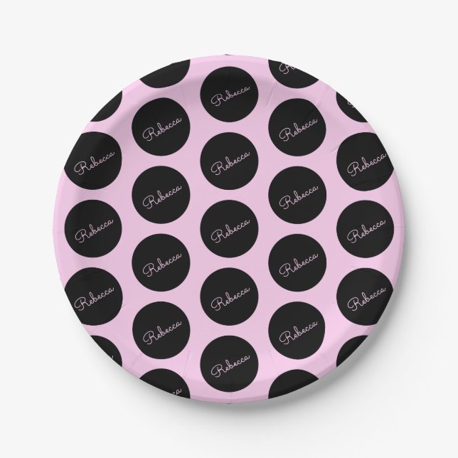 Retro-modernes Schwarz & Pink Polka Dot Design Pappteller (Vorderseite)
