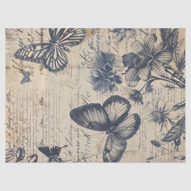 Retro monochrome Briefmarke Schmetterling floral Seidenpapier (Vorderseite)