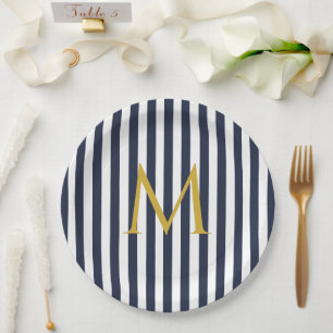 Retro Monogram Navy Blue & White Streifen Streifen Pappteller
