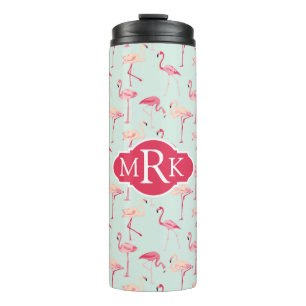 Retro Monogramm des Flamingo-Muster- Thermosbecher