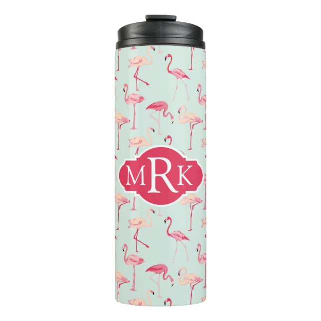 Retro Monogramm des Flamingo-Muster-| Thermosbecher (Vorderseite)