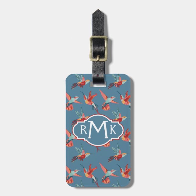Retro Monogramm des Kolibri-Muster-| Gepäckanhänger (Vorderseite vertikal)