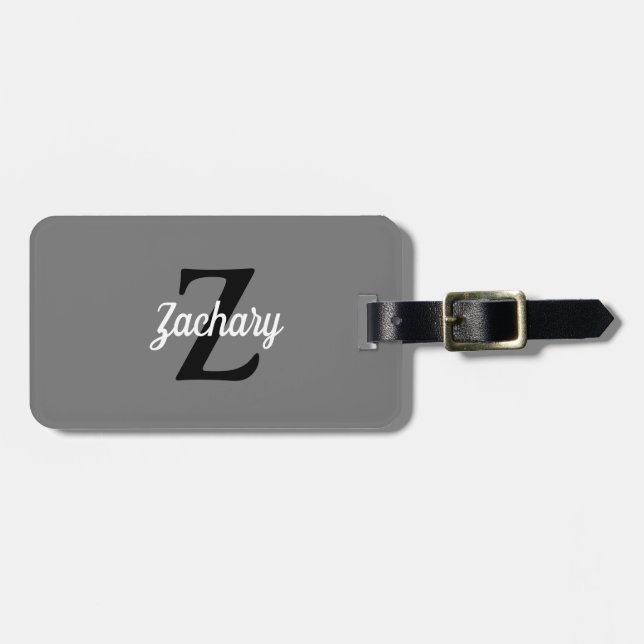 Retro Monogramm Grau Schwarz-weiß Personalisiert Gepäckanhänger (Vorderseite horizontal)