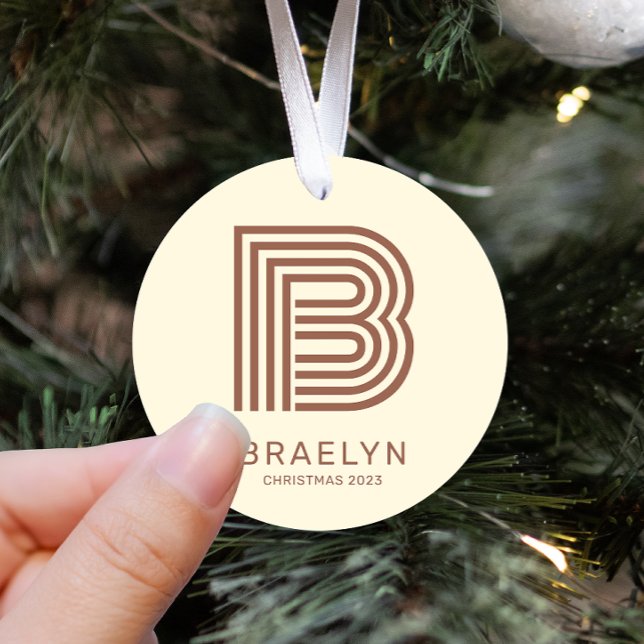 Retro Monogramm und Name Braun und Taupe Ornament Aus Metall (Von Creator hochgeladen)