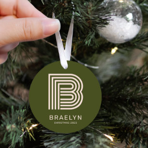 Retro Monogramm und Name Orange und grüne Weihnach Ornament Aus Metall